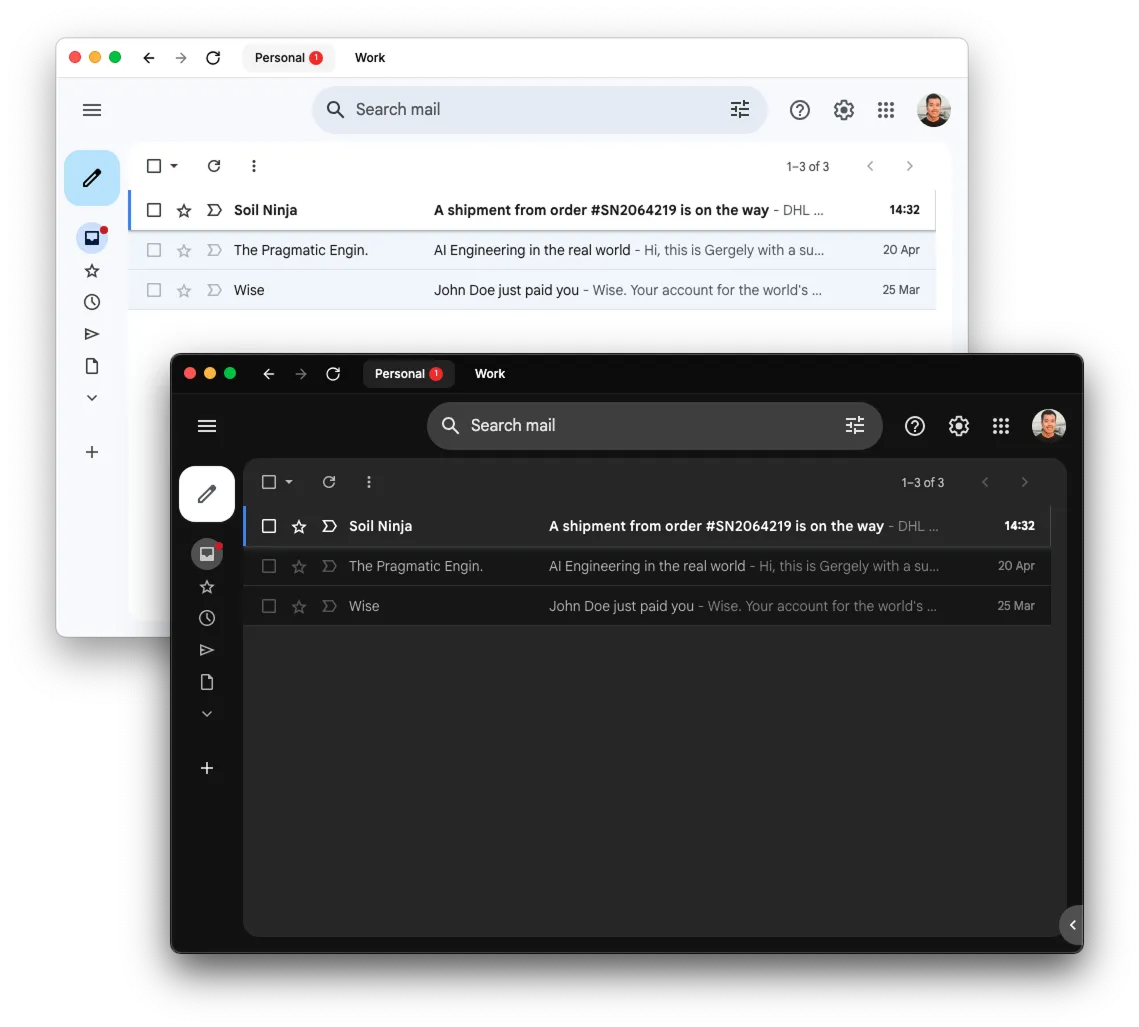Meru showing several Gmail accounts in one desktop window